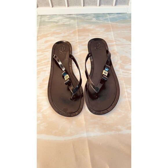 Tory Burch Michaela Bow Black Flip Flops Sandals Flats - Picture 1 of 11